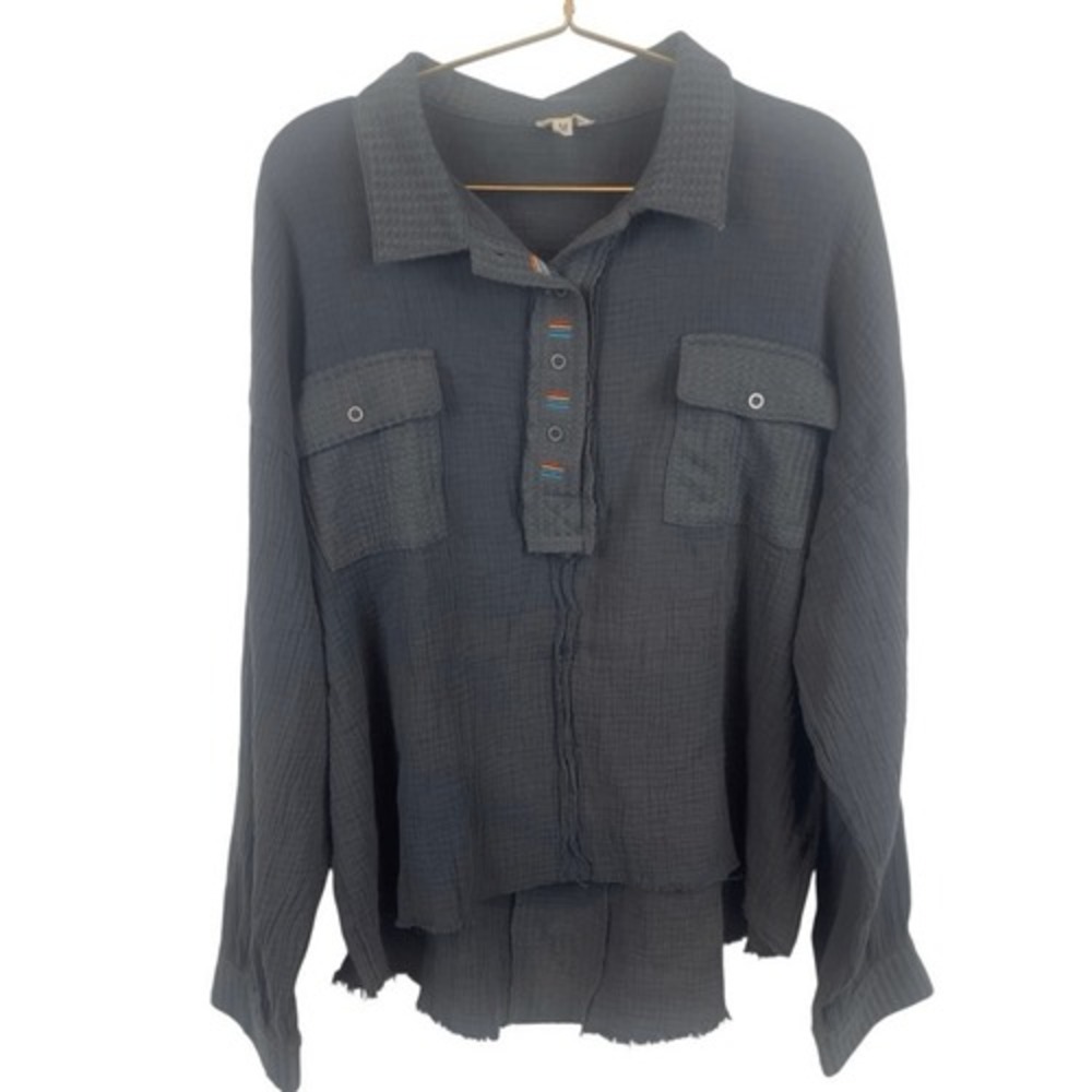 Pol Gray Cotton Gauze Oversized Shacket Button Up Shirt Size M YKT434 100% Cotto